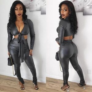 Sleek Dark Gray Tie-Front Two-Piece Set